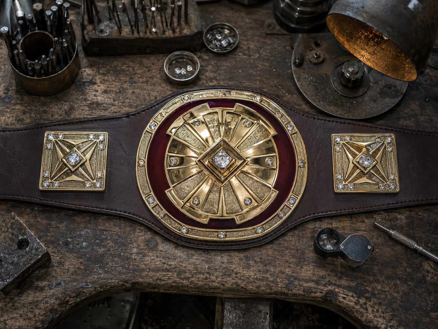 A championship belt laid flat on a jeweller's bench, gold centre plate with a claret enamel ring