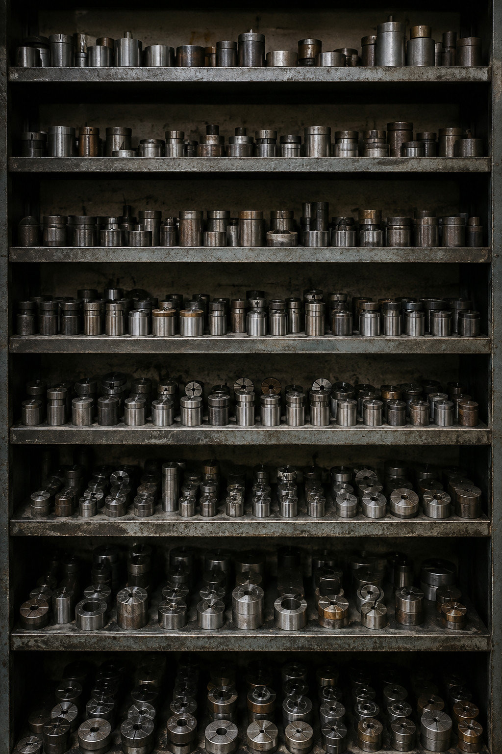 Workshop shelving filled with hundreds of hardened steel dies standing on end