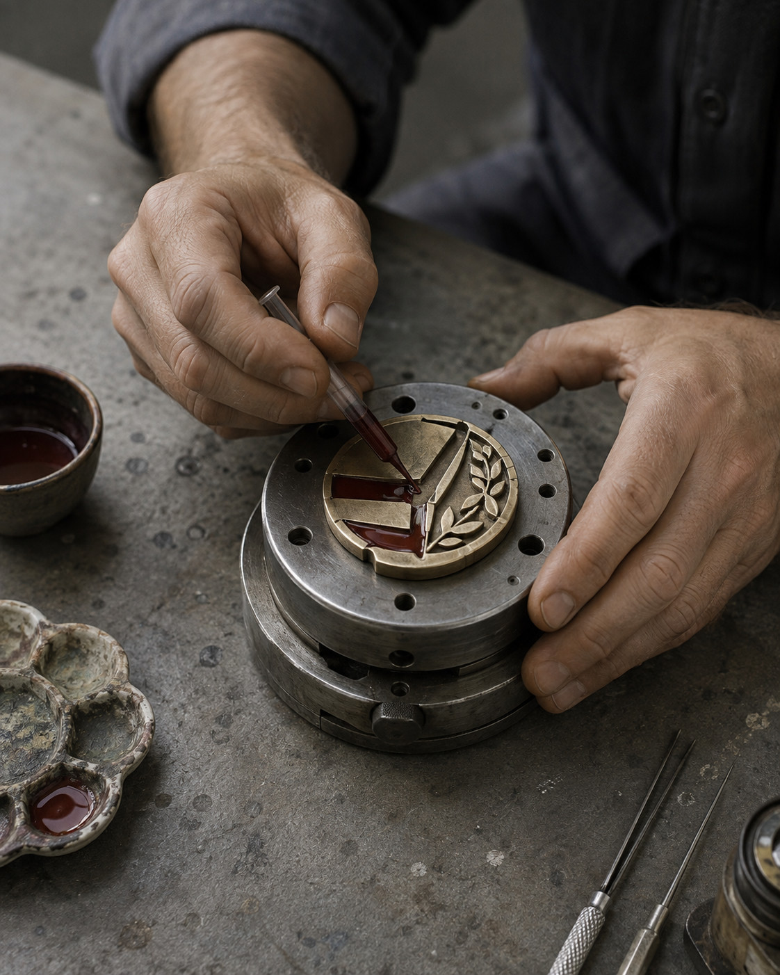 Hands filling the recesses of a brass medal with deep claret enamel using a fine applicator
